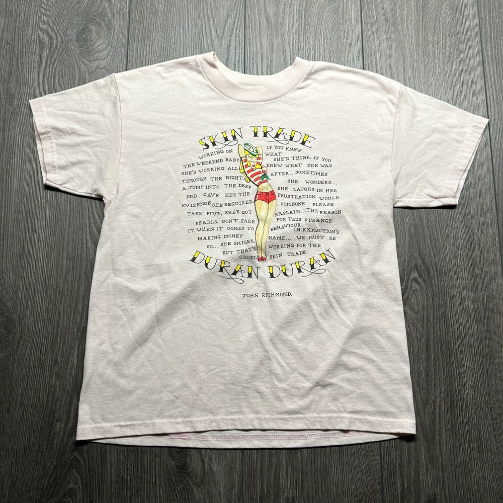 Vintage Duran Duran Skin Trade John Richmond T-Shirt Hanes Pink Youth L Mens XS
